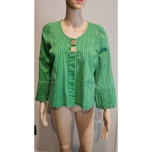 Boho Whimsy Striped Bright Green Round Neck-Line Blazer Sz L Live a Little